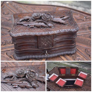Antique black forest wood carving jewelry box floral decor