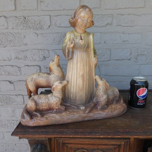 Antique ceramic chalk arnova signed young jesus with lambs sculpture statue