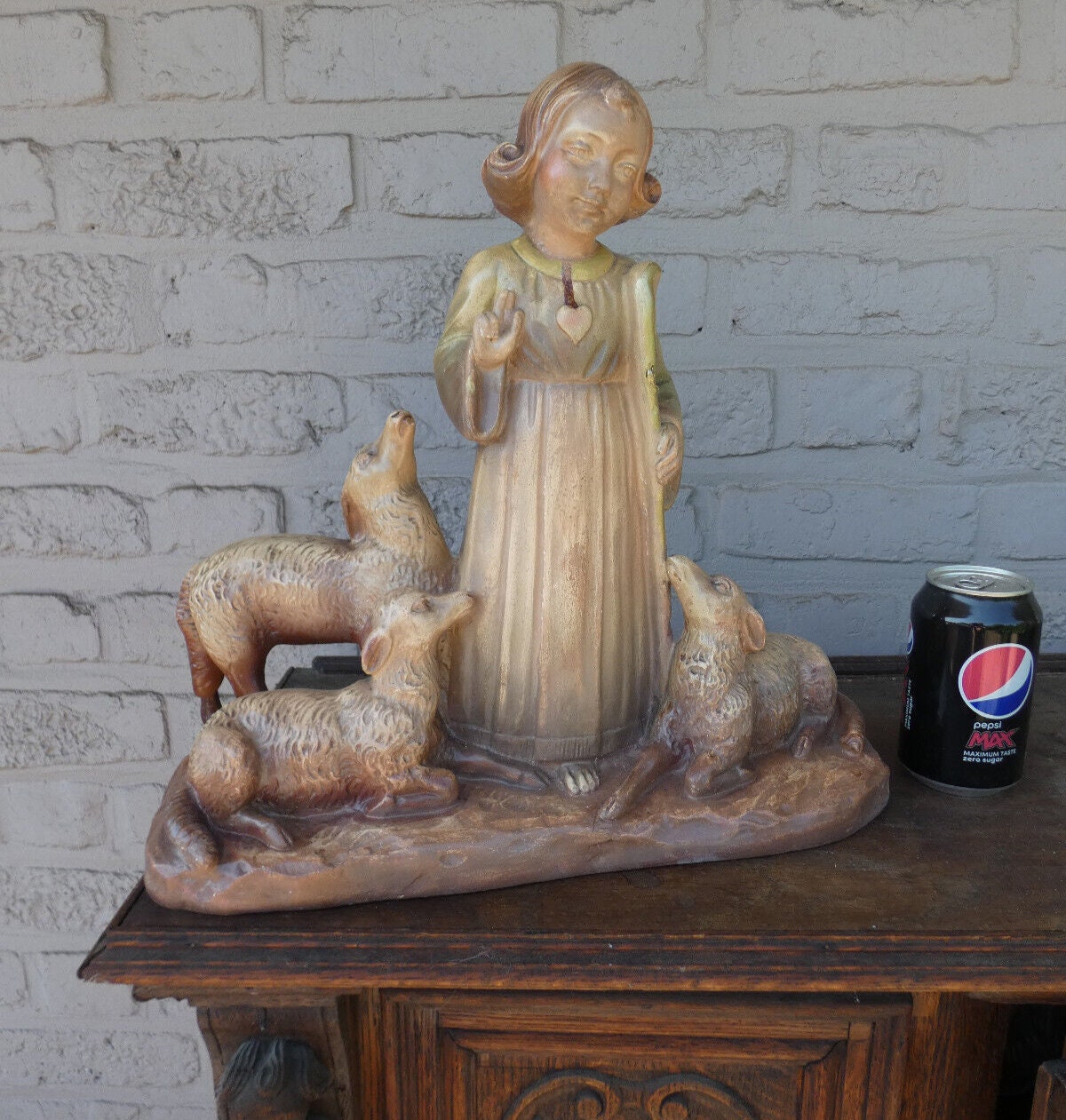 Antique ceramic chalk arnova signed young jesus with lambs sculpture statue