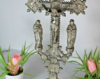 Antique spelter crucifix 4 evangelists symbols religious