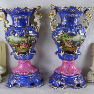 Pair large vieux paris romantic decor hand paint floral vases satyr heads