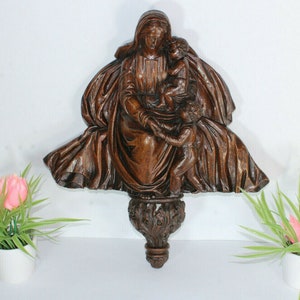 Antique 19thc wood carved religious wall statue madonna jesus john baptist rare