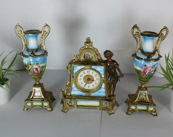 Antique vienna porcelain mantel clock set urns angels cherub putti