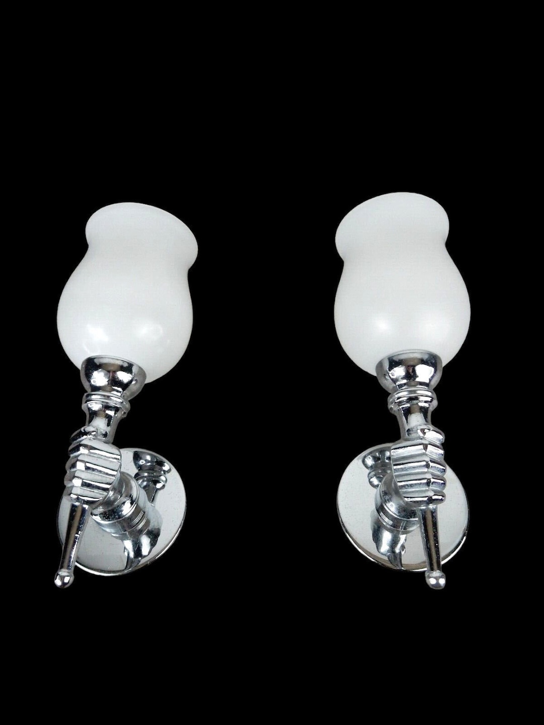 Pair Vintage 70s Metal Chrome Glass Opaline Hand Wall Lights Sconces ...