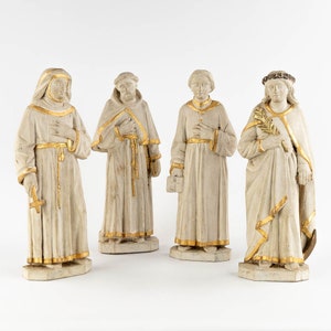 Antique rare wood carved set 4 saint statue figurine religious church
