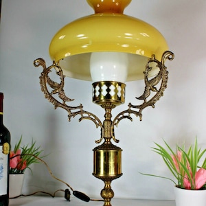Vintage brass opaline yellow glass table lamp 1960 birds decor