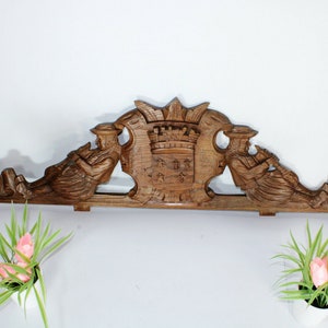Antique xl 42&quot;  breton wood carved fronton pediment figural armor shield rare