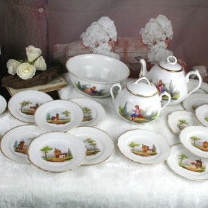 French porcelain tea pot sugar bowl with 15 plates castle decor tableware set