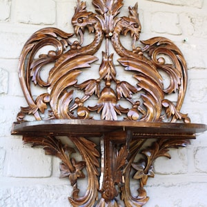 Vintage french wood carved mythological phoenix bird figurine wall console