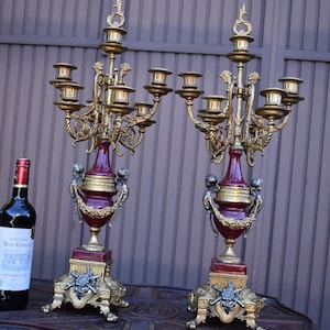 Pair vintage bronze metal putti cherub figural xl candelabras candle holders set