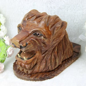 Vintage mid century wood carved lion panther head cigarettes cigar cave box