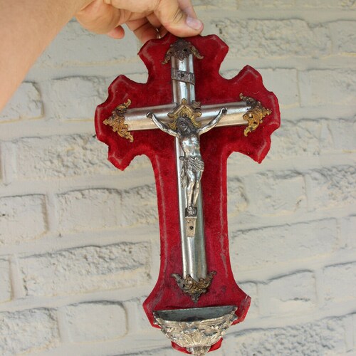 Antique french religious crucifix cross christ shops red velvet