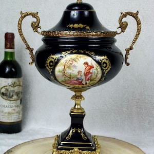 French vintage limoges cobalt porcelain centerpiece lidded bowl victorian scene