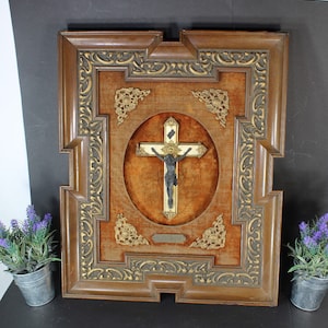 Antique flemish wood carved frame crucifix plaque panel religious