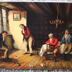 Flemish school 1954 signed oil canvas painting indoor interior golf noble men