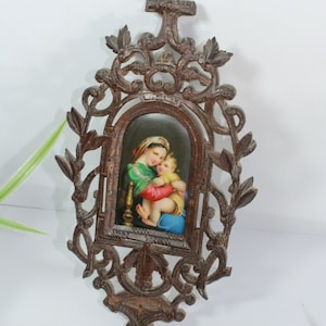 Antique black forest wood carved religious wall plaque porcelain madonna