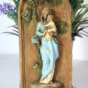 Religious wall plaque ceramic madonna relief tree belgian 1950s