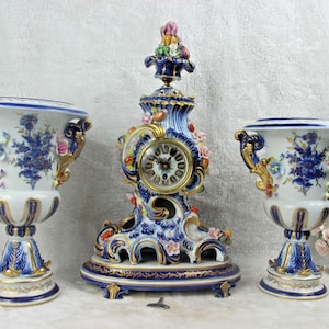 Set french clock vases capodimonte  porcelain relief floral decor