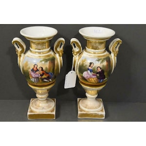Pair antique vieux paris porcelain hand paint vases romantic scene 19thc