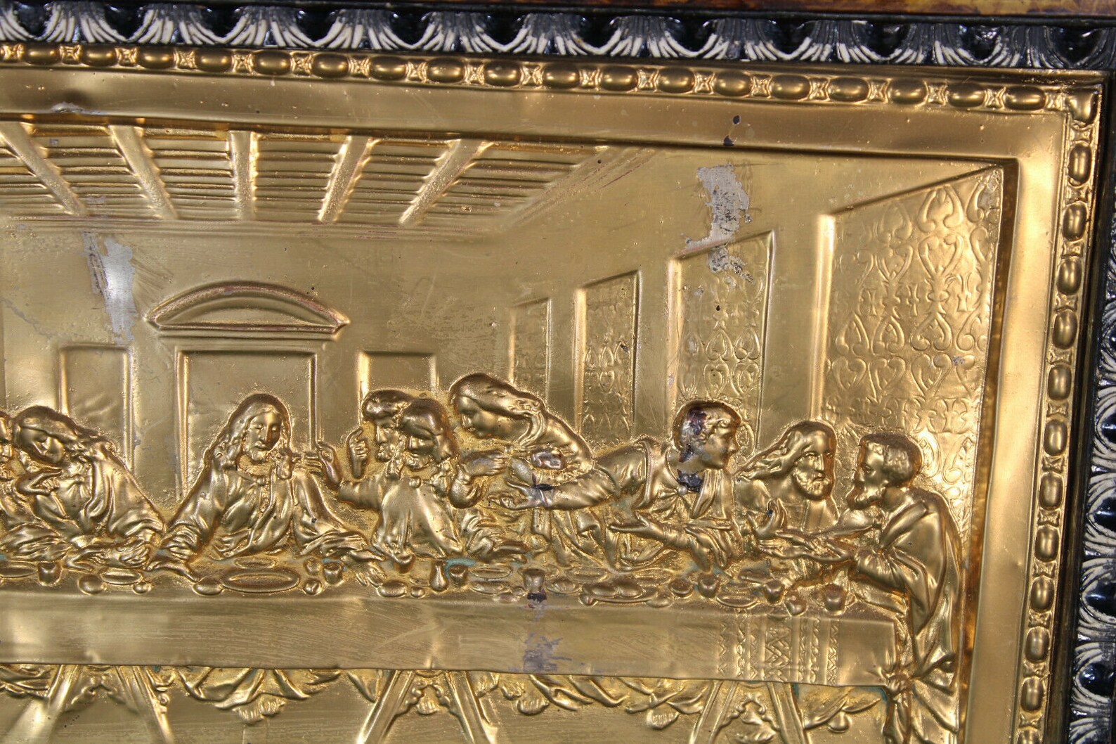 Antique religious copper relief last supper scene wood frame Etsy