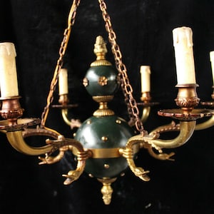 French vintage empire bronze metal swan arms chandelier lamp