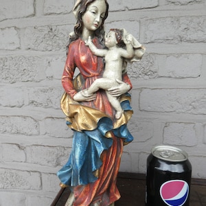 Italian 1970 wood carved polychrome madonna child statue figurine religious