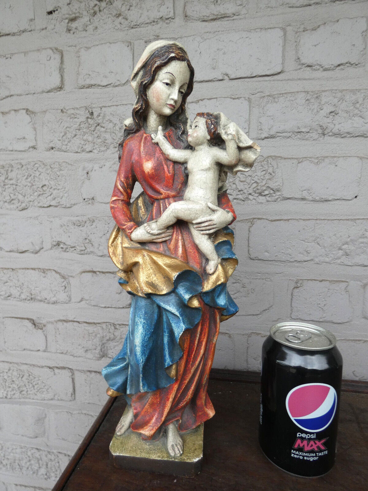 Italian 1970 wood carved polychrome madonna child statue figurine religious