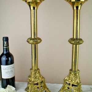Pair religious brass french candle holders mounted as lamps 1935