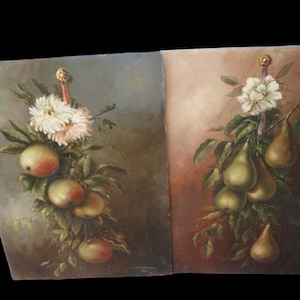 Pareja de bodegones de frutas francesas antiguas de cartón al óleo firmadas en 1921