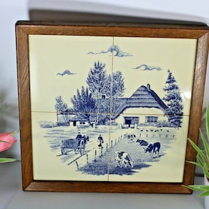 Vintage delft pottery blue white tiles dutch farm landscape scene cows panel