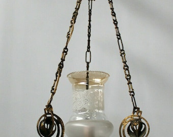 Antique art nouveau ornaments brass pendant lamp chandelier etched glass