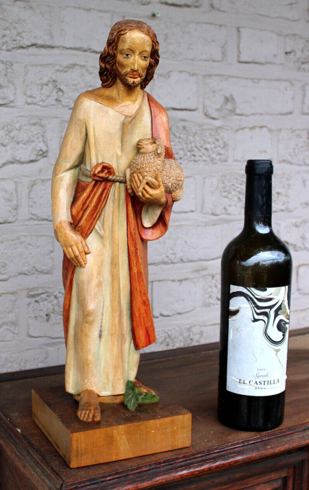South German Wood Carved Jesus Statue Sculpture With Lamb 1950s Etsy