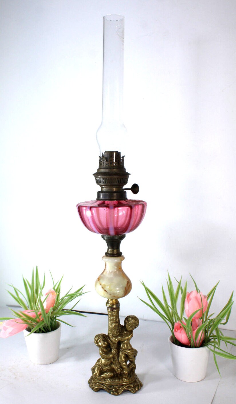 Antique bronze onyx glass putti cherub oil lamp rare