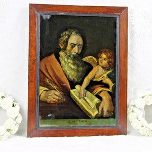 Antique 1880 religious eglomise reversed mirror painting evangelist matthew