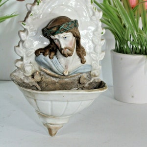 Antique french porcelain bisque rare holy water font christ religious