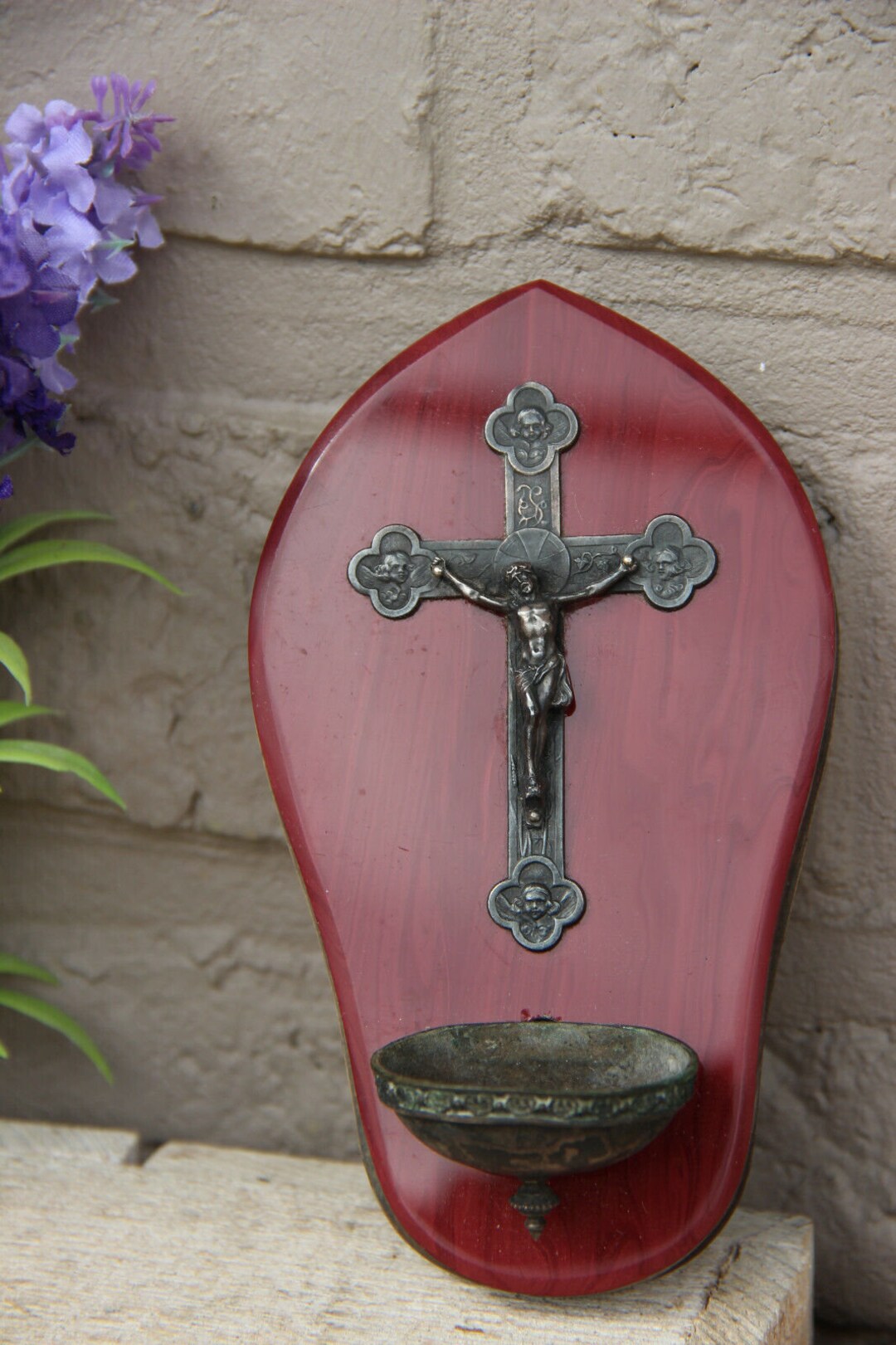 Religious Antique French Holy Water Font With Crucifix Angel Etsy