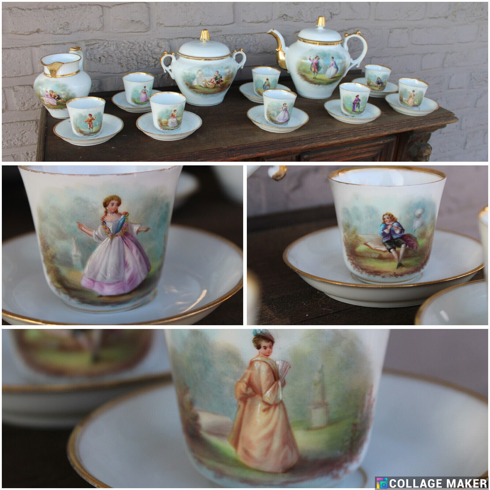 Français 8 personnes café thé porcelaine service portrait décor figuratif ensemble rare