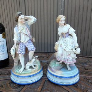 Pair antique vieux paris porcelain bisque sculpture statue boy girl dog