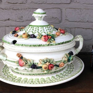 1970 french porcelain  soup tureen bowl on plate with vegetables fruit decor