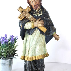 Raro juan antiguo de nepomuk tallado en madera policromada escultura de estatua 18thc