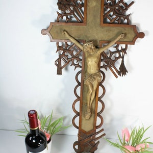 Antique xl rare wood carved crucifix holy water font religious church