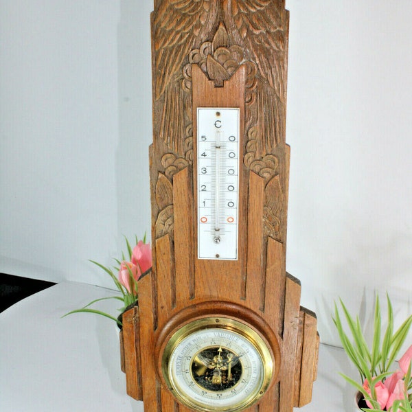 Antique french wood carved art deco birds barometer