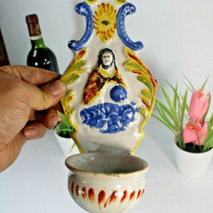 Antique french quimper early 19thc ceramic holy water font religious