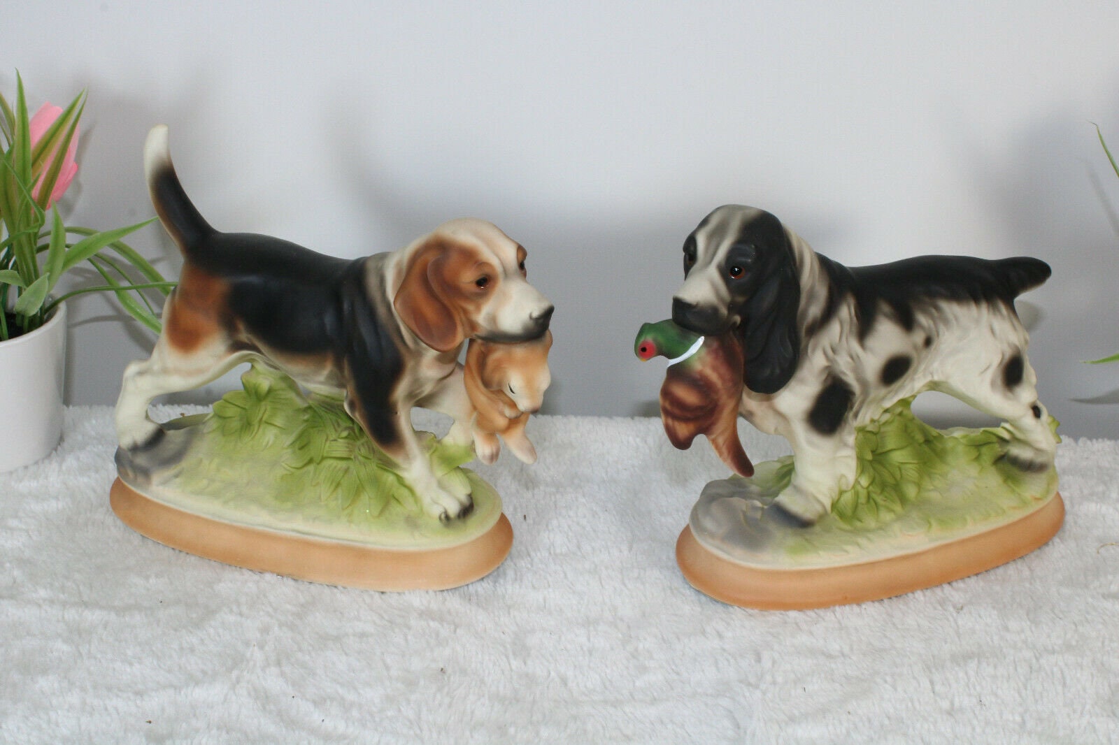 Pair Vintage Porcelain Hunting Dogs Rabbit Pheasant Statue Etsy UK