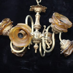 Antique bronze amber glass tulip shades chandelier lamp lightning