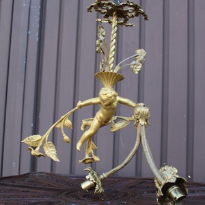 French bronze putti angel 3 arm chandelier pendant lamp floral decor rare