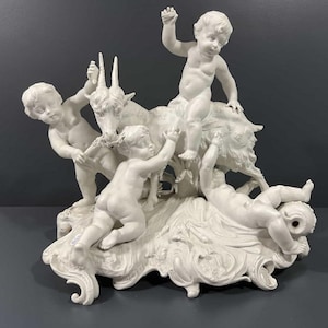 Antique large 19thc sevres bisque porcelain marked putti ram statue group rare