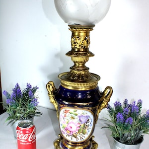 Antique french bayeux porcelain hand paint floral decor ram heads lamp