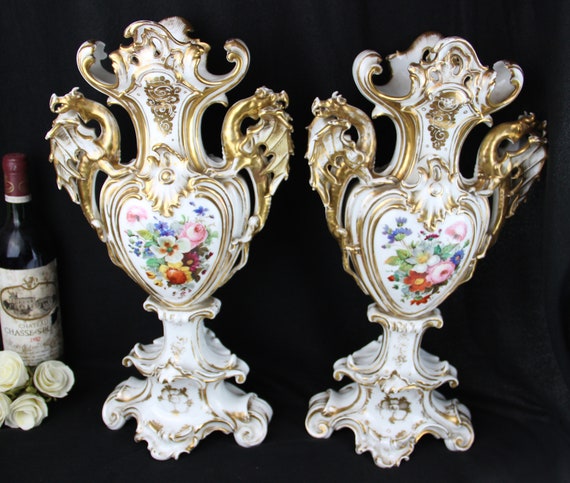 Xl Pair Vieux Paris Porcelain Attr Jacob Petit Dragon Handles Etsy