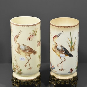 Pair antique french faience vases heron butterfly birds brass base